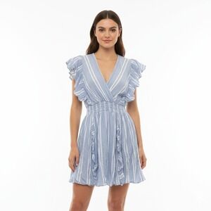 Angie Women's Blue Striped Ruffle Sleeve Mini Dress V-Neck Smocked Waist Size L